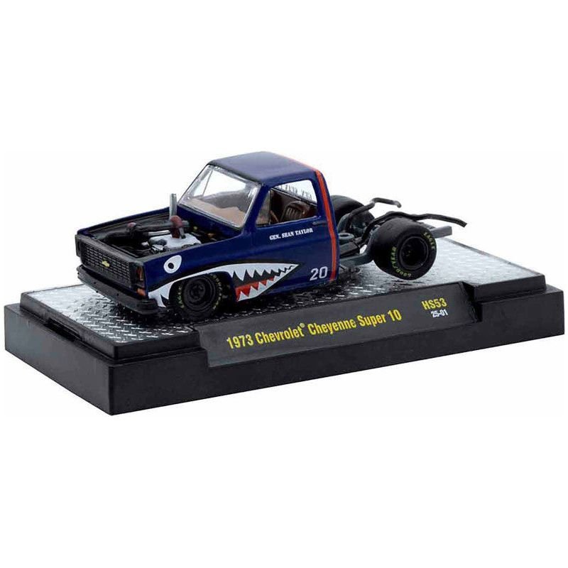 1973 Chevrolet Cheyenne Super 10 Bedless Truck Blue with Shark Mouth Graphics "20 Year Anniversary M2 Designer Sean Taylor" Limited Edition to 11726 pieces Worldwide 1/64 Diecast Model Car by M2 Machines-M2-ModelCars.com