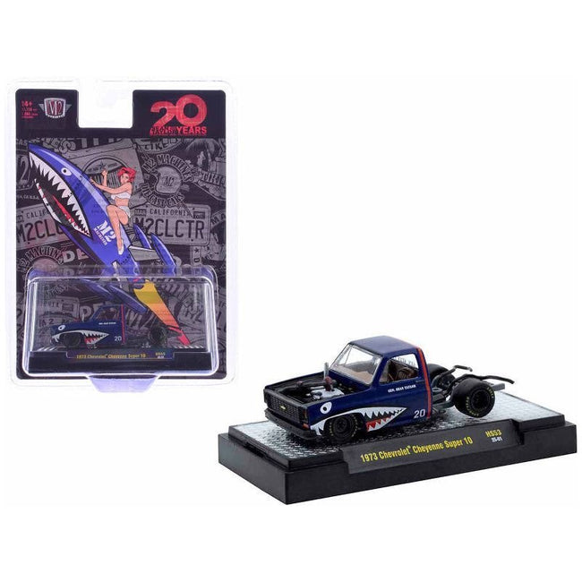 1973 Chevrolet Cheyenne Super 10 Bedless Truck Blue with Shark Mouth Graphics "20 Year Anniversary M2 Designer Sean Taylor" Limited Edition to 11726 pieces Worldwide 1/64 Diecast Model Car by M2 Machines-M2-ModelCars.com