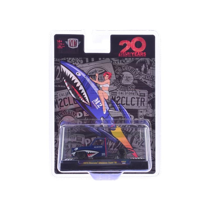 1973 Chevrolet Cheyenne Super 10 Bedless Truck Blue with Shark Mouth Graphics "20 Year Anniversary M2 Designer Sean Taylor" Limited Edition to 11726 pieces Worldwide 1/64 Diecast Model Car by M2 Machines - M2 - ModelCars.com