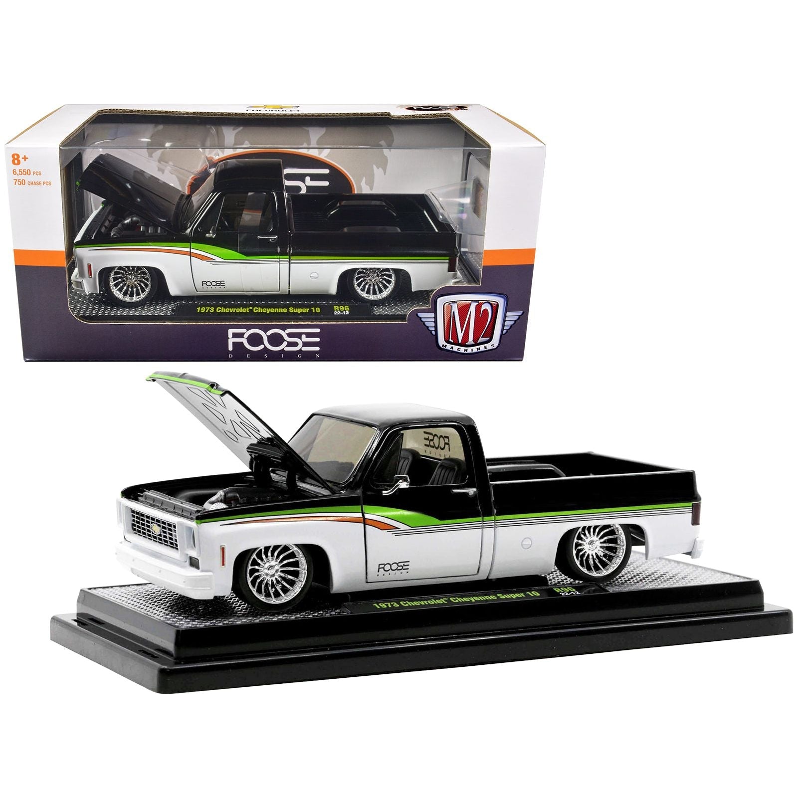 1973 Chevrolet Cheyenne Super 10 Pickup Truck Black and Bright White with Stripes "FOOSE Design" Limited Edition to 6550 pieces Worldwide 1/24 Diecast Model Car by M2 Machines - M2 - ModelCars.com