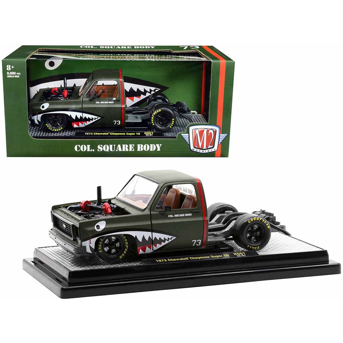 1973 Chevrolet Cheyenne Super 10 Square Body Bedless Truck 73 Matt Dark Green with Graphics "Col. Square Body" Limited Edition to 8000 pieces Worldwide 1/24 Diecast Model Car by M2 Machines-M2-ModelCars.com