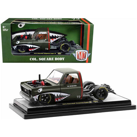 1973 Chevrolet Cheyenne Super 10 Square Body Bedless Truck 73 Matt Dark Green with Graphics "Col. Square Body" Limited Edition to 8000 pieces Worldwide 1/24 Diecast Model Car by M2 Machines-M2-ModelCars.com
