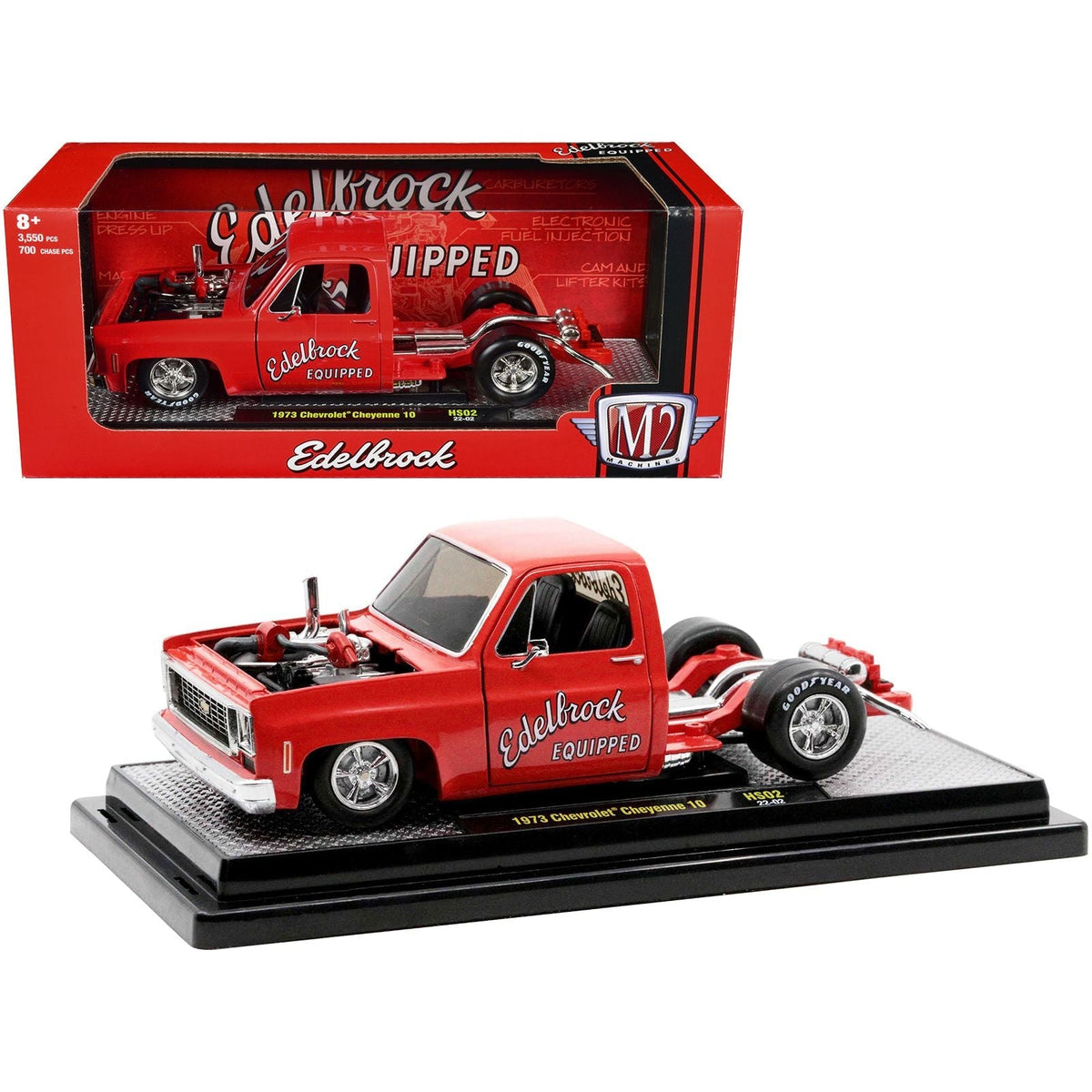 1973 Chevrolet Cheyenne Super 10 Square Body Bedless Truck Bright Red with Graphics "Edelbrock" Limited Edition to 3550 pieces Worldwide 1/24 Diecast Model Car by M2 Machines-M2-ModelCars.com