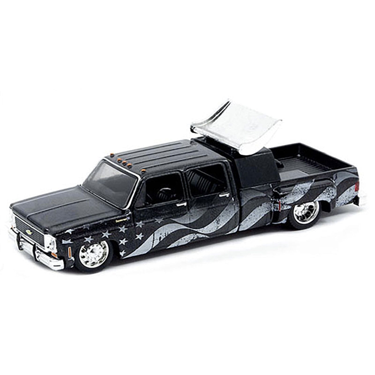 1973 Chevrolet Cheyenne Super 30 Pickup Truck Black with American Flag Graphics Limited Edition to 8250 pieces Worldwide 1/64 Diecast Model Car by M2 Machines-M2-ModelCars.com