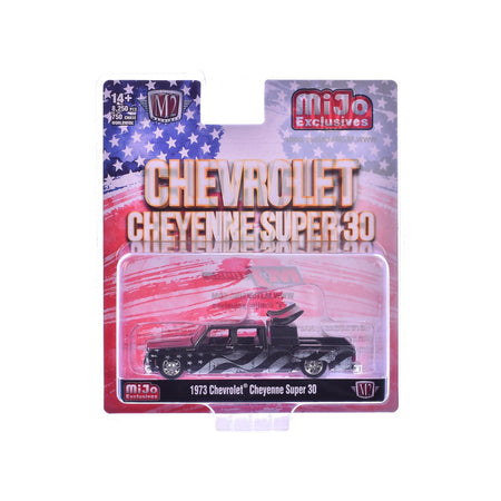 1973 Chevrolet Cheyenne Super 30 Pickup Truck Black with American Flag Graphics Limited Edition to 8250 pieces Worldwide 1/64 Diecast Model Car by M2 Machines-M2-ModelCars.com