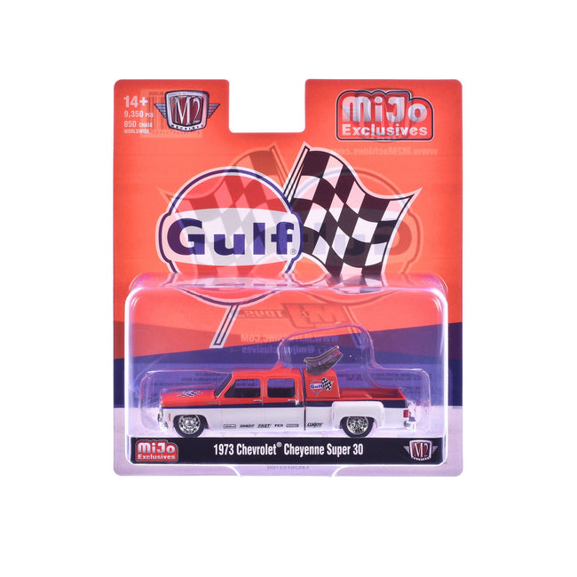 1973 Chevrolet Cheyenne Super 30 Pickup Truck "Gulf Oil" Orange and White with Blue Stripes Limited Edition to 9350 pieces Worldwide 1/64 Diecast Model Car by M2 Machines-M2-ModelCars.com