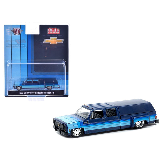 1973 Chevrolet Cheyenne Super 30 Pickup Truck with Camper Shell Blue with Stripes Limited Edition to 8500 pieces Worldwide 1/64 Diecast Model Car by M2 Machines-M2-ModelCars.com