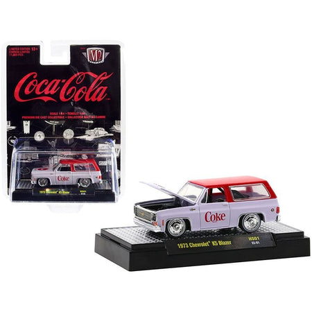 1973 Chevrolet K5 Blazer with Lowered Chassis "Coca-Cola" White with Coke Red Top Limited Edition to 11000 pieces Worldwide 1/64 Diecast Model Car by M2 Machines-M2-ModelCars.com
