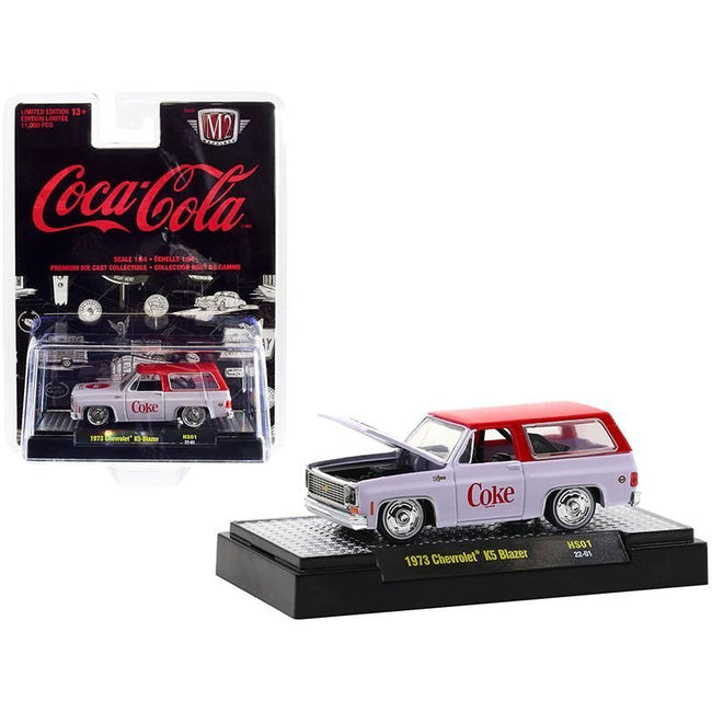 1973 Chevrolet K5 Blazer with Lowered Chassis "Coca-Cola" White with Coke Red Top Limited Edition to 11000 pieces Worldwide 1/64 Diecast Model Car by M2 Machines-M2-ModelCars.com