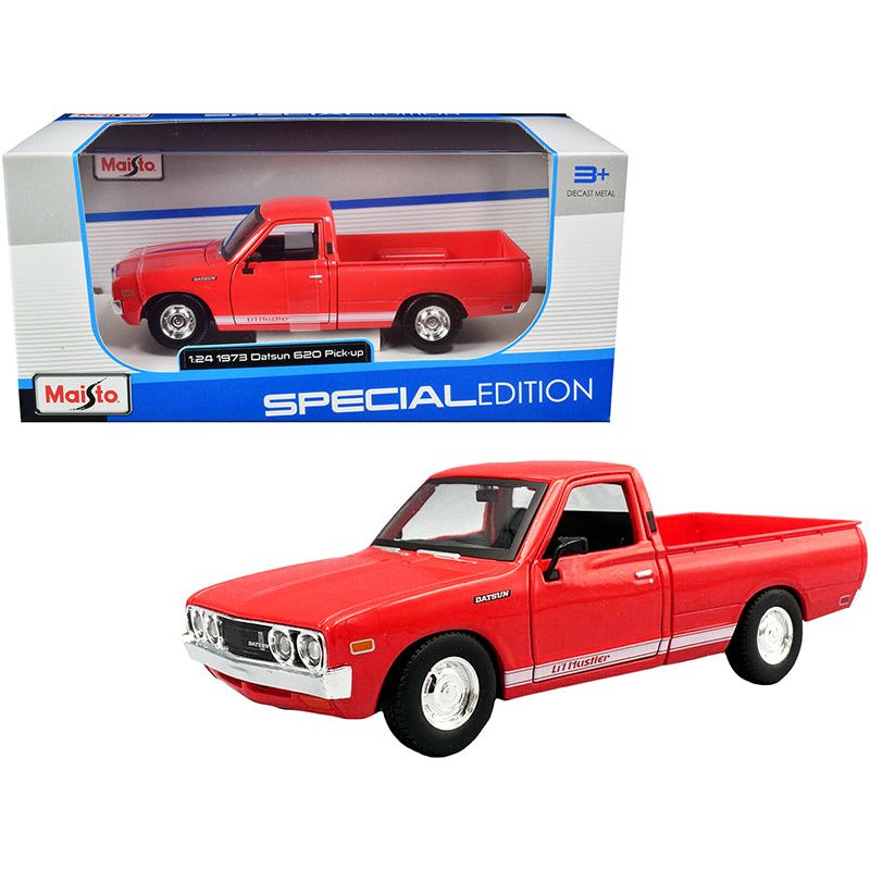 1973 Datsun 620 Pickup Truck "Li'l Hustler" Red with White Stripes "Special Edition" Series 1/24 Diecast Model Car by Maisto - Maisto - ModelCars.com