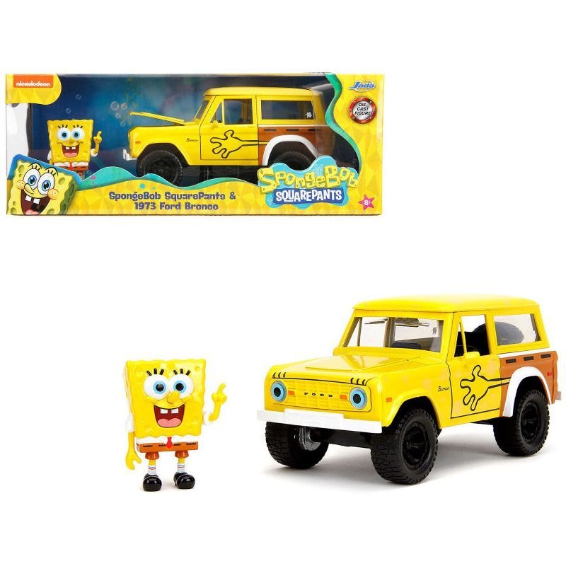 1973 Ford Bronco Yellow with Graphics and SpongeBob SquarePants Diecast Figure "SpongeBob SquarePants" (1999â€“Current) TV Series "Hollywood Rides" Series 1/24 Diecast Model Car by Jada-Jada-ModelCars.com