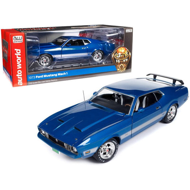1973 Ford Mustang Mach 1 3K Blue Glow Metallic with Silver Stripes "Class of 1973" "American Muscle" Series 1/18 Diecast Model Car by Auto World - Autoworld - ModelCars.com