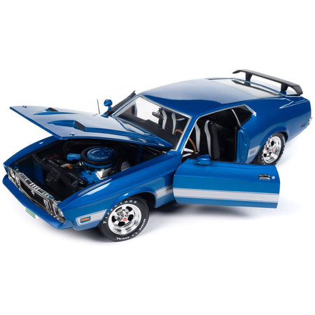 1973 Ford Mustang Mach 1 3K Blue Glow Metallic with Silver Stripes "Class of 1973" "American Muscle" Series 1/18 Diecast Model Car by Auto World-Autoworld-ModelCars.com