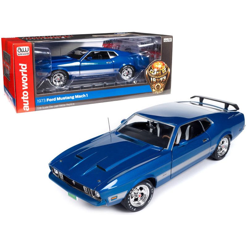 1973 Ford Mustang Mach 1 3K Blue Glow Metallic with Silver Stripes "Class of 1973" "American Muscle" Series 1/18 Diecast Model Car by Auto World-Autoworld-ModelCars.com