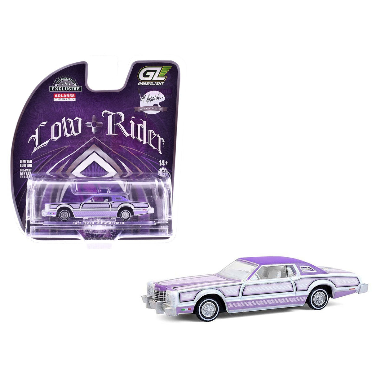 1973 Ford Thunderbird Lowrider "Michael Heralda Special Edition" Purple Metallic with Graphics and White Interior "Hobby Exclusive" Series 1/64 Diecast Model Car by Greenlight-Greenlight-ModelCars.com