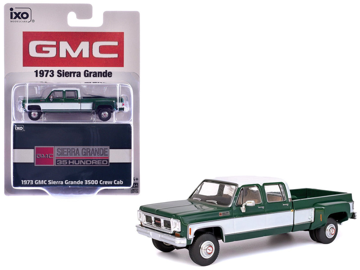 1973 GMC Sierra Grande 3500 Crew Cab Dually Pickup Truck Green and White 1/64 Diecast Model by IXO Models-IXO-ModelCars.com