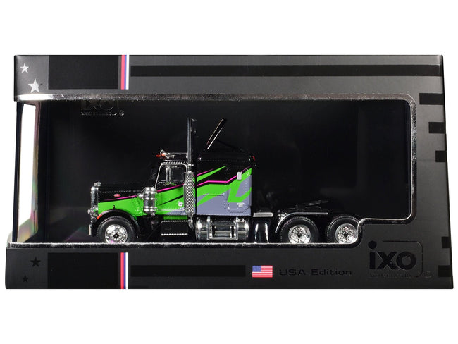 1973 Peterbilt 359 Truck Tractor Black and Lime Green with Graphics 1/64 Diecast Model by IXO Models-IXO-ModelCars.com
