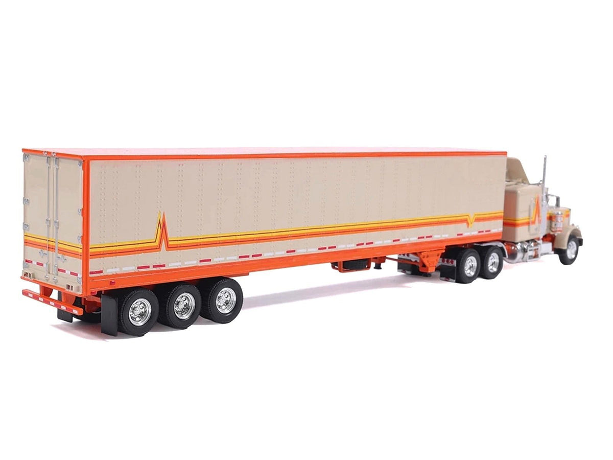 1973 Peterbilt 359 Truck Tractor with Sleeper Cab Cream with Orange and Yellow Stripes and Refrigerate Modern Trailer 1/64 Diecast Model Car by IXO Models-IXO-ModelCars.com