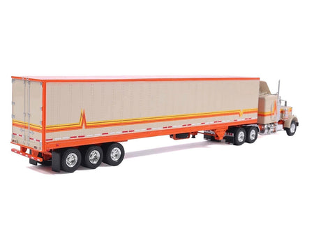 1973 Peterbilt 359 Truck Tractor with Sleeper Cab Cream with Orange and Yellow Stripes and Refrigerate Modern Trailer 1/64 Diecast Model Car by IXO Models-IXO-ModelCars.com
