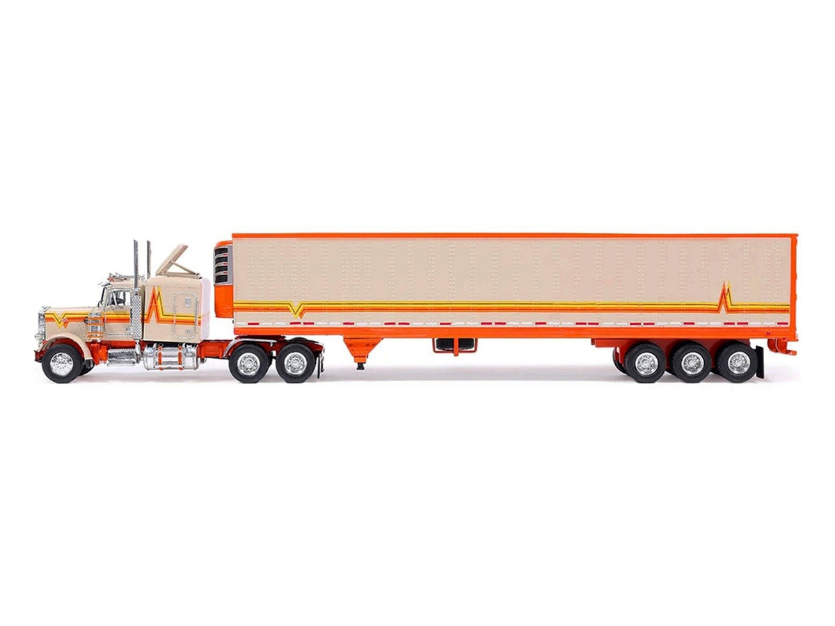 1973 Peterbilt 359 Truck Tractor with Sleeper Cab Cream with Orange and Yellow Stripes and Refrigerate Modern Trailer 1/64 Diecast Model Car by IXO Models-IXO-ModelCars.com