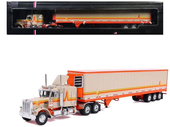 1973 Peterbilt 359 Truck Tractor with Sleeper Cab Cream with Orange and Yellow Stripes and Refrigerate Modern Trailer 1/64 Diecast Model Car by IXO Models-IXO-ModelCars.com
