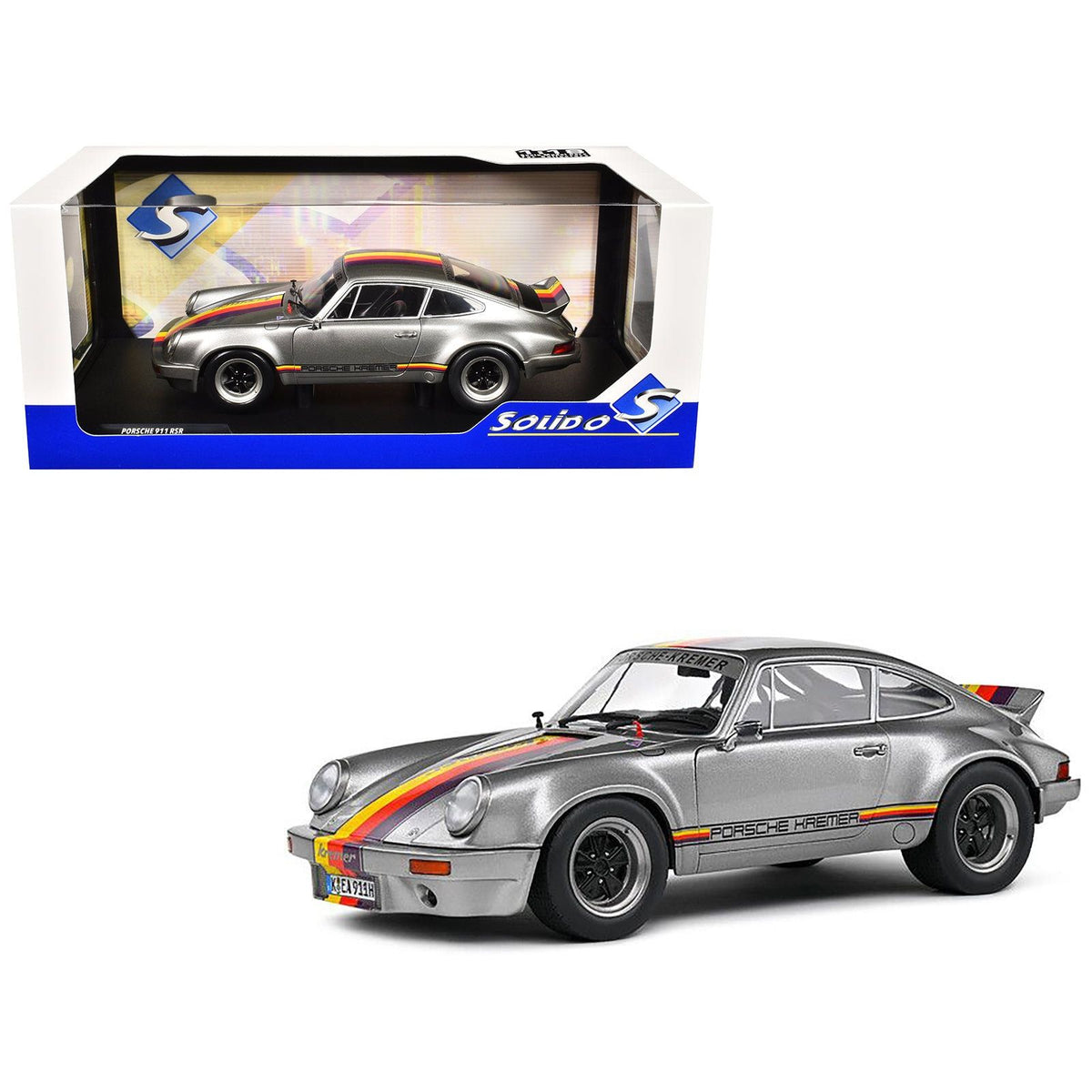 1973 Porsche 911 RSR "Kremer" Silver Metallic with Stripes 1/18 Diecast Model Car by Solido - Solido - ModelCars.com