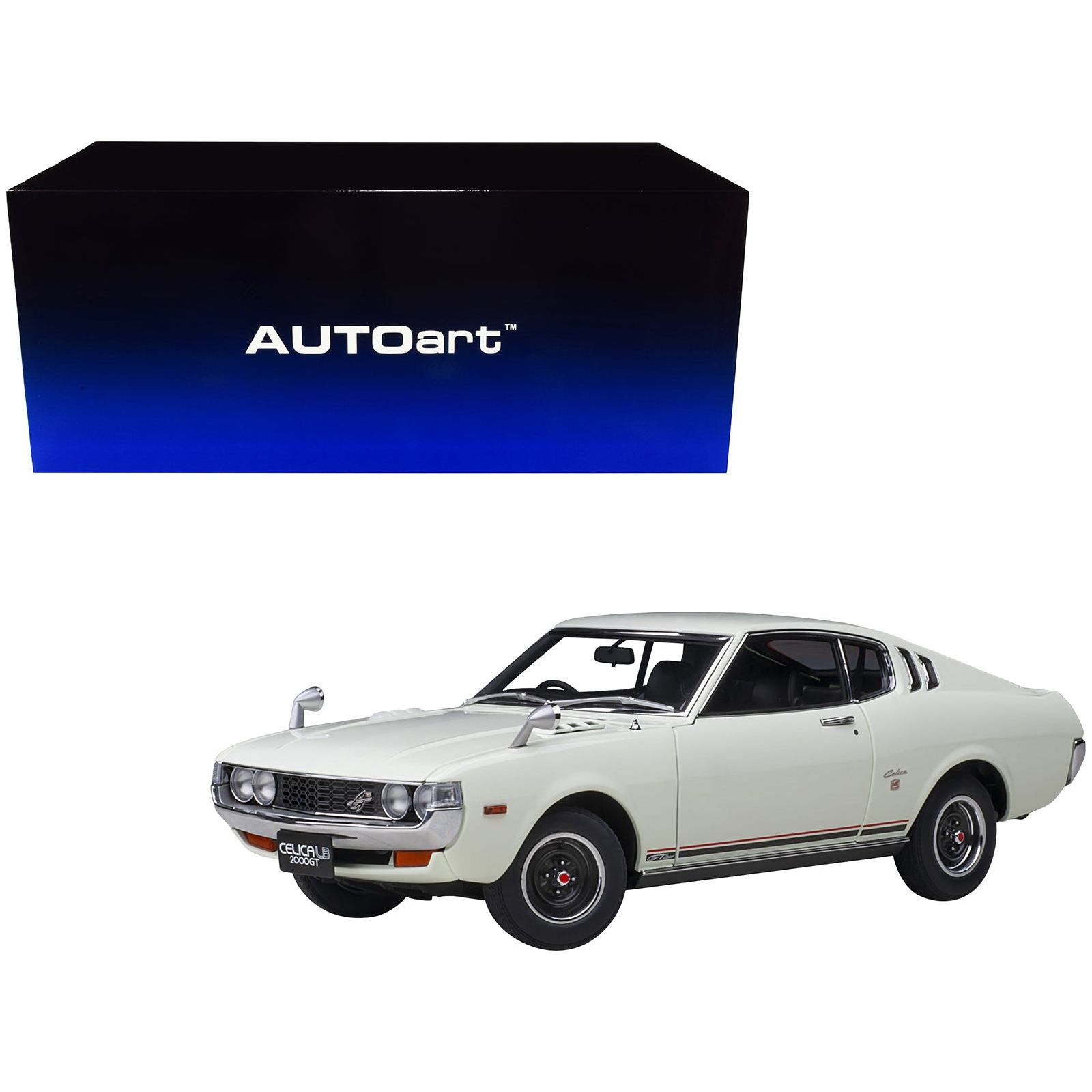 1973 Toyota Celica Liftback 2000GT (RA25) RHD (Right Hand Drive) White with Red and Black Stripes 1/18 Model Car by Autoart - Autoart - ModelCars.com