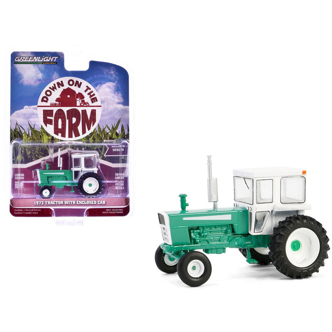 1973 Tractor with Closed Cab Green and White "Down on the Farm" Series 9 1/64 Diecast Model by Greenlight-Greenlight-ModelCars.com