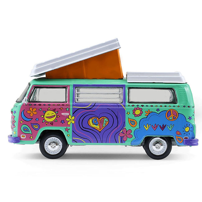 1973 Volkswagen Type 2 Westfalia Campmobile "Music Festival Van" Green with White Top and Graphics "Club Vee-Dub" Series 21 1/64 Diecast Model Car by Greenlight-Greenlight-ModelCars.com