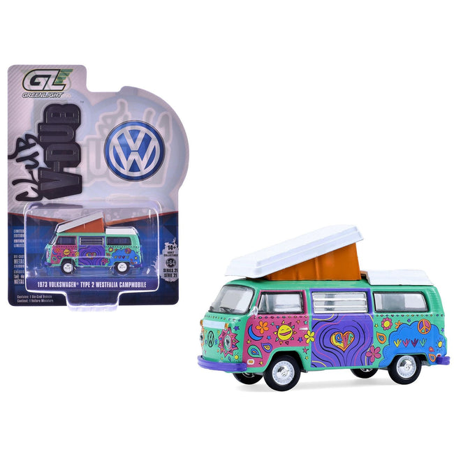 1973 Volkswagen Type 2 Westfalia Campmobile "Music Festival Van" Green with White Top and Graphics "Club Vee-Dub" Series 21 1/64 Diecast Model Car by Greenlight-Greenlight-ModelCars.com