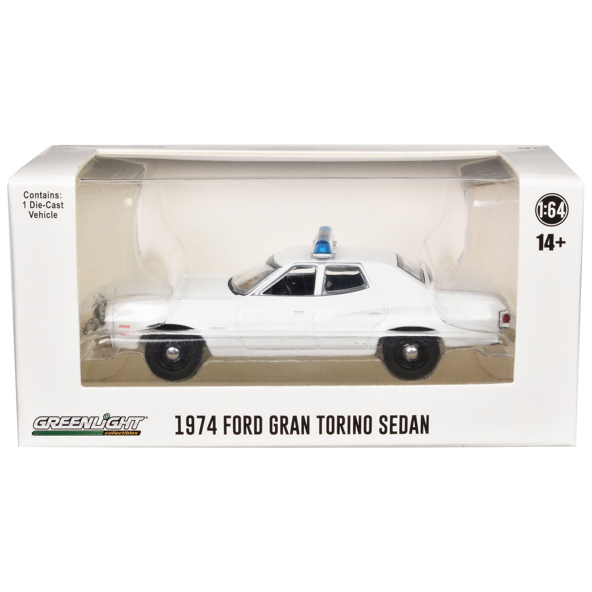 1974 - 1976 Ford Gran Torino Sedan Police Car White with Light Bar "Hot Pursuit - Hobby Exclusive" Series 1/64 Diecast Model Car by Greenlight - Greenlight - ModelCars.com