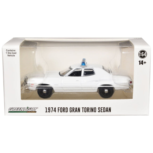1974 - 1976 Ford Gran Torino Sedan Police Car White with Light Bar "Hot Pursuit - Hobby Exclusive" Series 1/64 Diecast Model Car by Greenlight - Greenlight - ModelCars.com