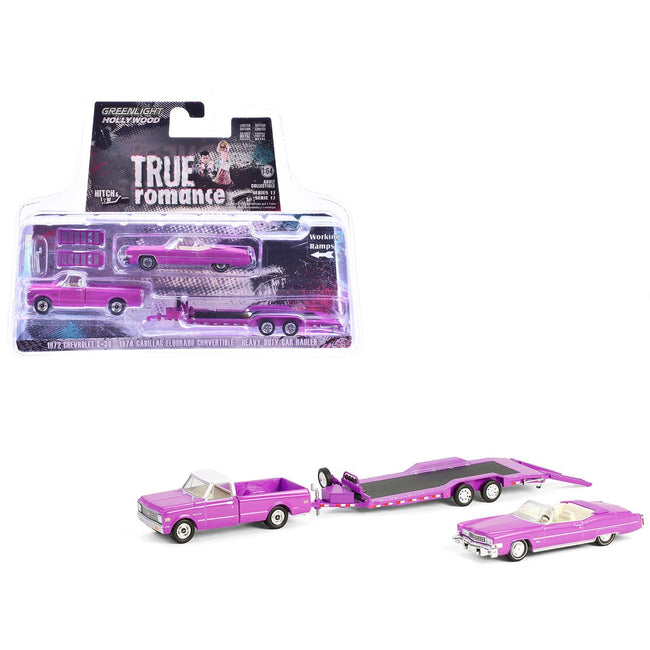 1974 Cadillac Eldorado Convertible Pink and 1972 Chevrolet C-30 Pickup Truck Pink with Heavy Duty Car Hauler "True Romance" (1993) Movie "Hollywood Hitch & Tow" Series 13 1/64 Diecast Model Cars by Greenlight-Greenlight-ModelCars.com