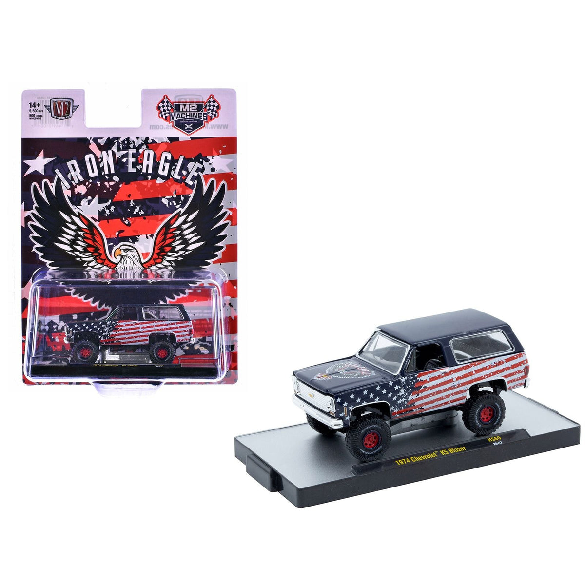 1974 Chevrolet K5 Blazer "Iron Eagle" Dark Blue with American Flag Graphics Limited Edition to 5500 pieces Worldwide 1/64 Diecast Model Car by M2 Machines-M2-ModelCars.com