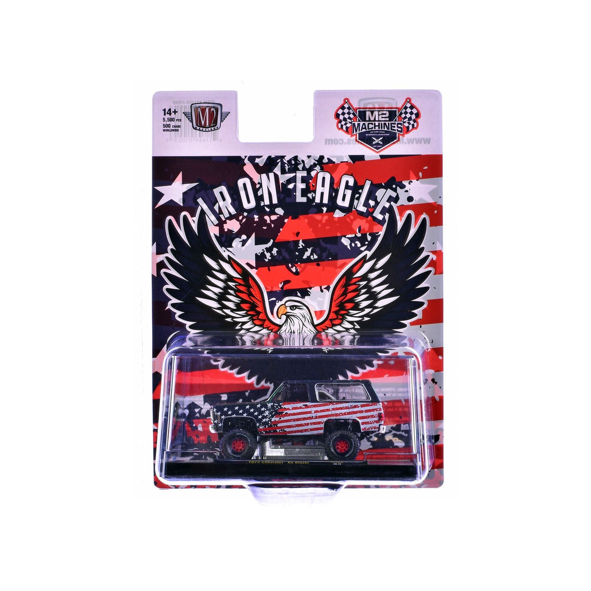 1974 Chevrolet K5 Blazer "Iron Eagle" Dark Blue with American Flag Graphics Limited Edition to 5500 pieces Worldwide 1/64 Diecast Model Car by M2 Machines-M2-ModelCars.com