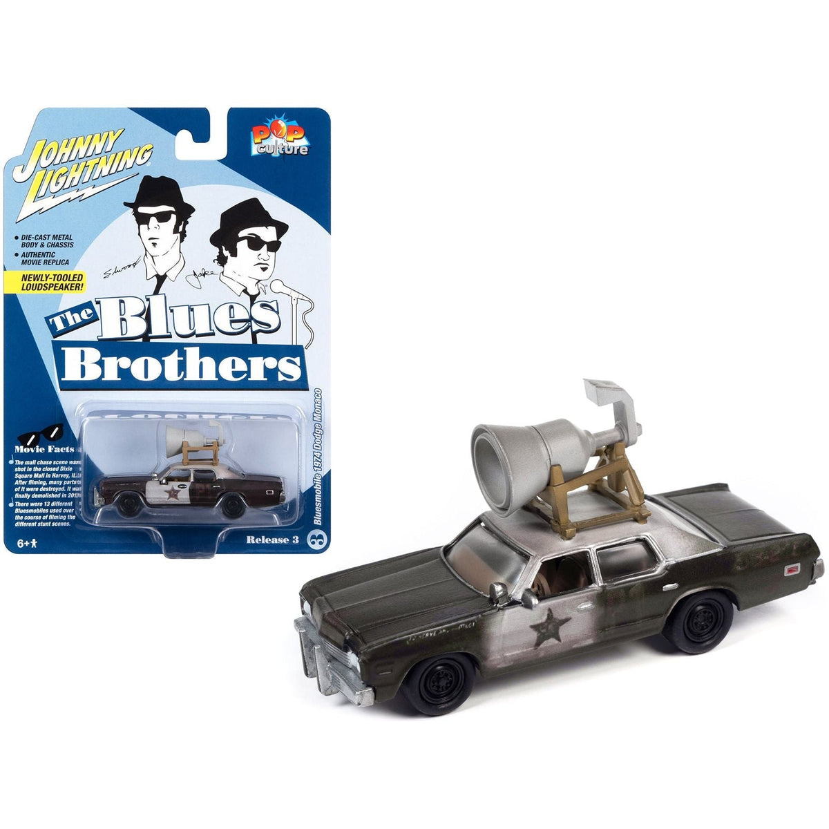 1974 Dodge Monaco Police Car Black and White (Dirty) w/Roof Speaker "Blues Brothers" (1980) Movie "Pop Culture" 2023 Release 3 1/64 Diecast Model Car by Johnny Lightning-Johnny Lightning-ModelCars.com