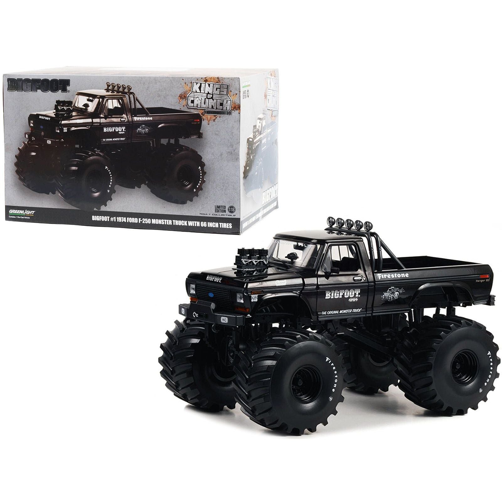 1974 Ford F - 250 Monster Truck with 66 - Inch Tires Black Bandit Edition "Bigfoot 1" "Kings of Crunch" Series 1/18 Diecast Model Car by Greenlight - Greenlight - ModelCars.com