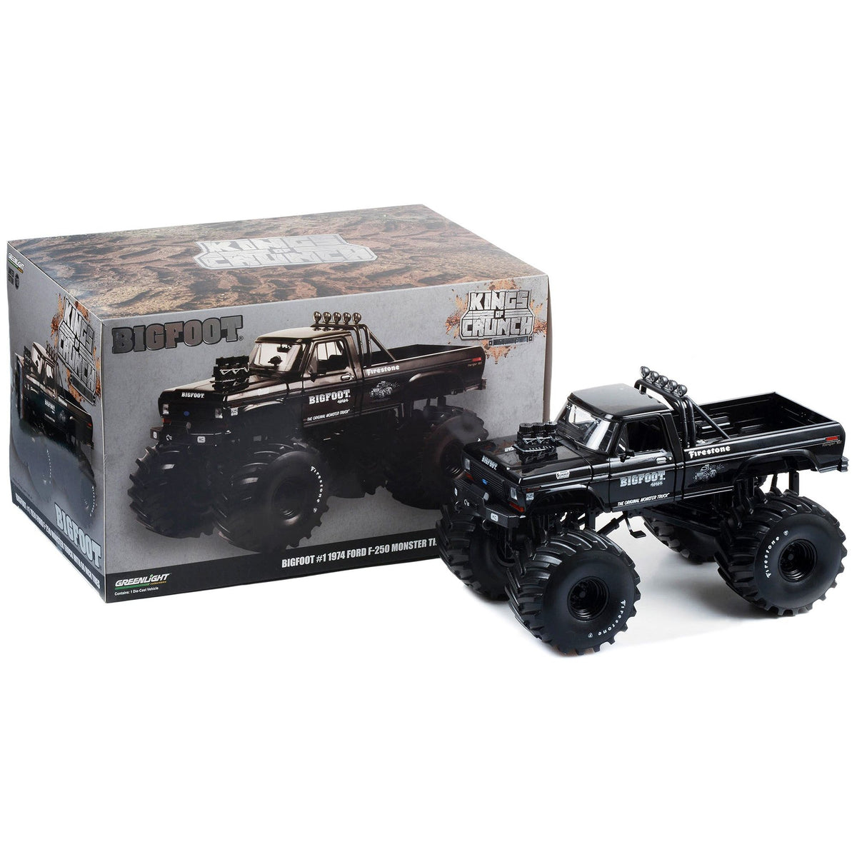 1974 Ford F - 250 Monster Truck with 66 - Inch Tires Black Bandit Edition "Bigfoot 1" "Kings of Crunch" Series 1/18 Diecast Model Car by Greenlight - Greenlight - ModelCars.com
