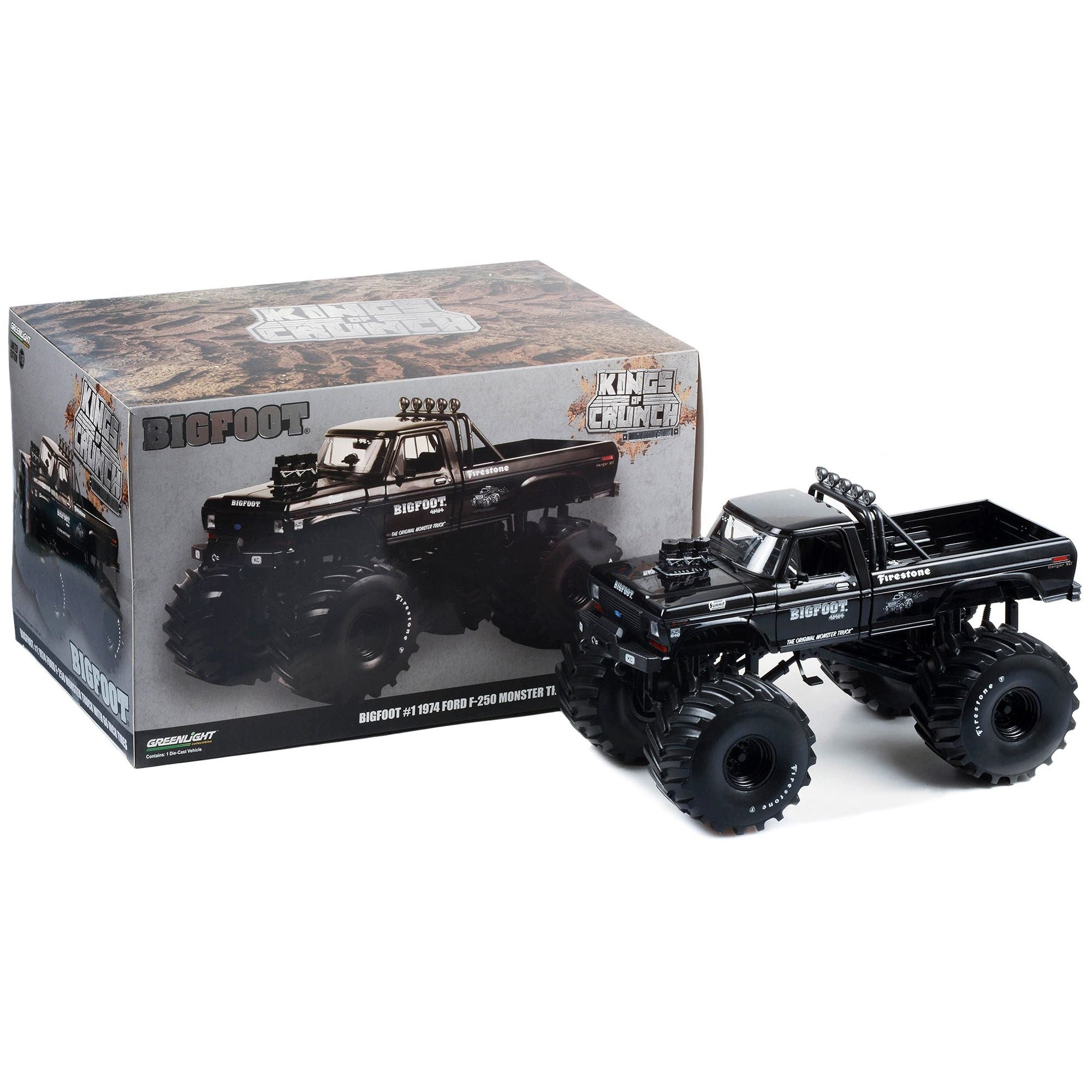 1974 Ford F - 250 Monster Truck with 66 - Inch Tires Black Bandit Edition "Bigfoot 1" "Kings of Crunch" Series 1/18 Diecast Model Car by Greenlight - Greenlight - ModelCars.com