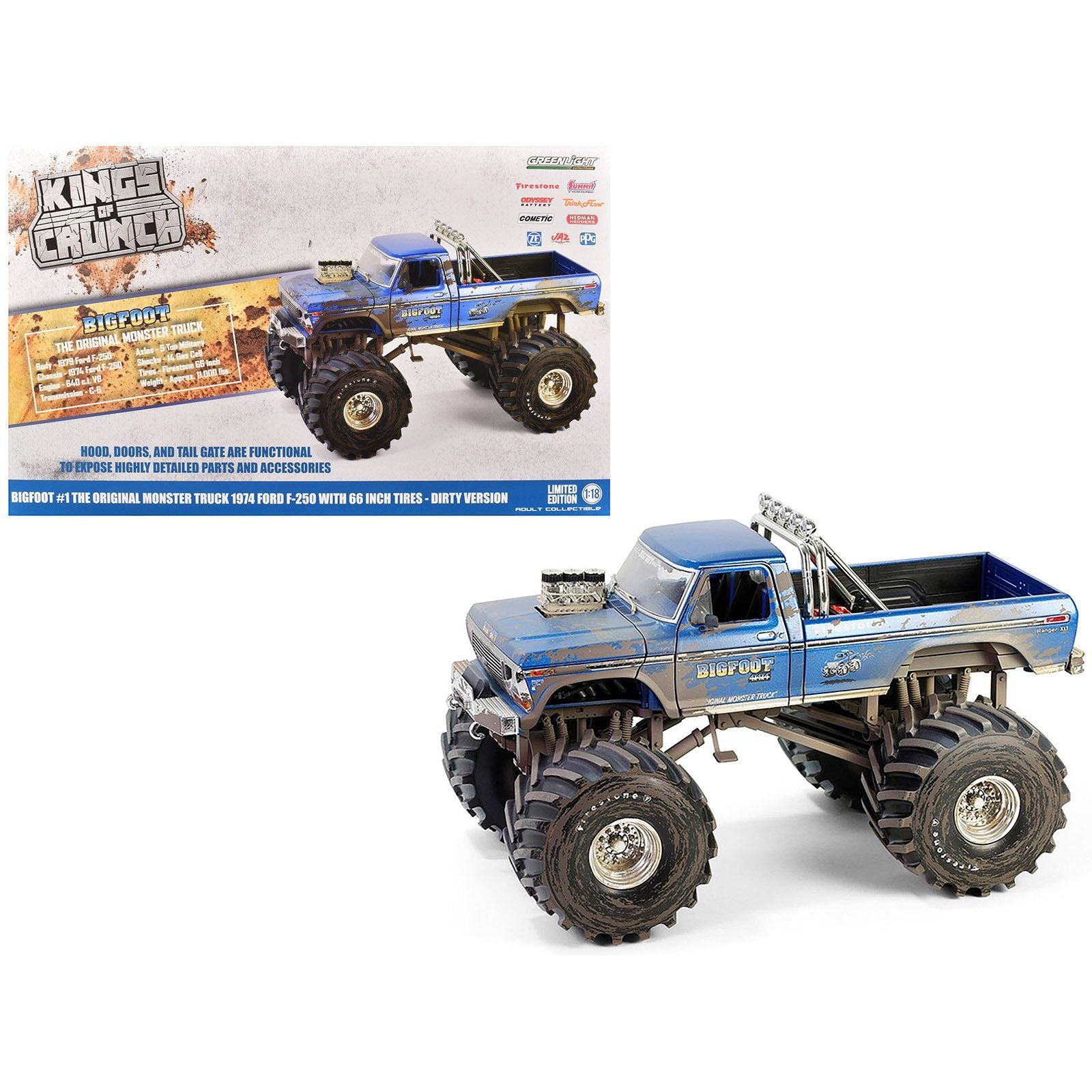1974 Ford F - 250 Monster Truck with 66 - Inch Tires Blue "Bigfoot 1" (Dirty Version) "Kings of Crunch" Series 1/18 Diecast Model Car by Greenlight - Greenlight - ModelCars.com