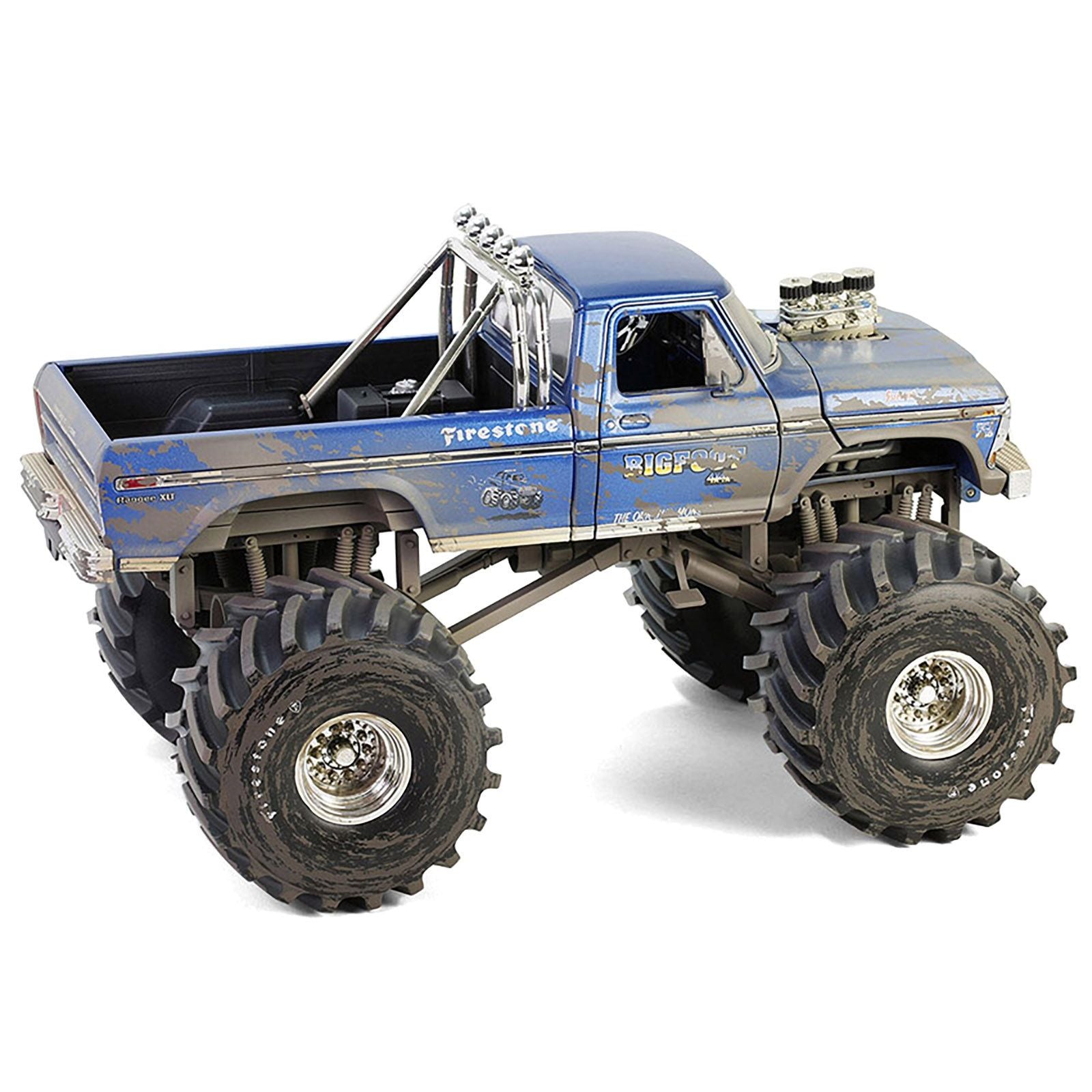 1974 Ford F - 250 Monster Truck with 66 - Inch Tires Blue "Bigfoot 1" (Dirty Version) "Kings of Crunch" Series 1/18 Diecast Model Car by Greenlight - Greenlight - ModelCars.com