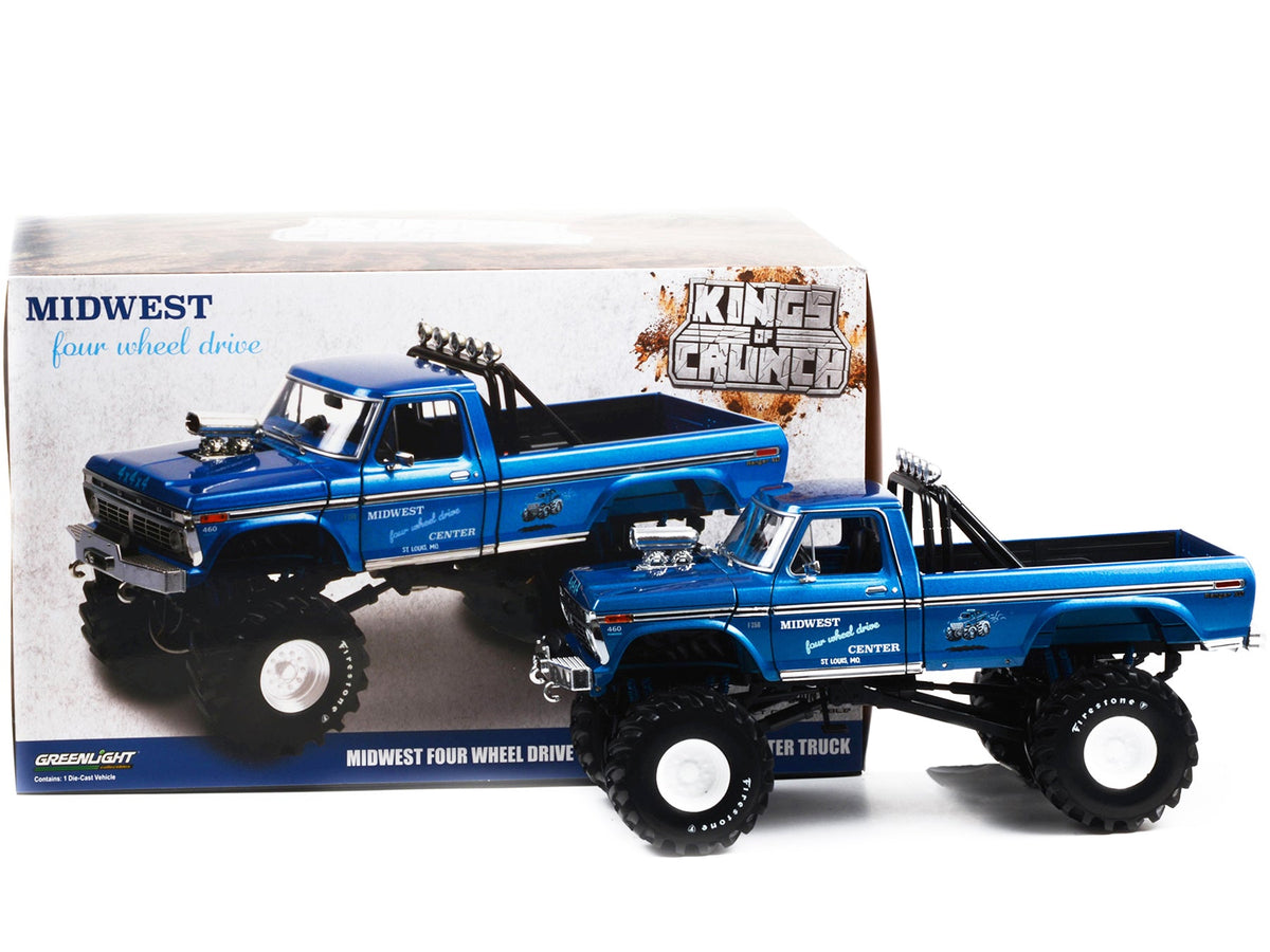 1974 Ford F-250 Ranger XLT Monster Truck with 48-Inch Tires Blue Metallic "Midwest Four Wheel Drive Center" "Kings of Crunch" Series 1/18 Diecast Model Car by Greenlight-Greenlight-ModelCars.com