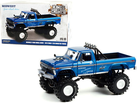 1974 Ford F-250 Ranger XLT Monster Truck with 48-Inch Tires Blue Metallic "Midwest Four Wheel Drive Center" "Kings of Crunch" Series 1/18 Diecast Model Car by Greenlight-Greenlight-ModelCars.com