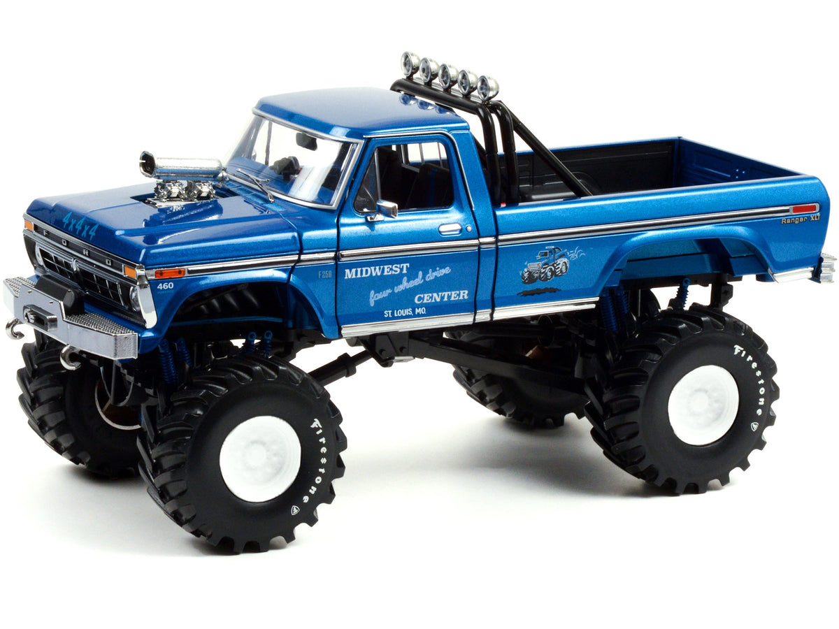 1974 Ford F-250 Ranger XLT Monster Truck with 48-Inch Tires Blue Metallic "Midwest Four Wheel Drive Center" "Kings of Crunch" Series 1/18 Diecast Model Car by Greenlight-Greenlight-ModelCars.com