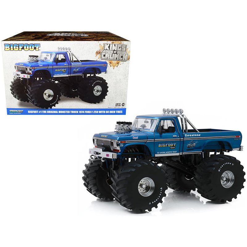 1974 Ford F - 250 Ranger XLT Monster Truck with 66 - Inch Tires Blue "Bigfoot 1" "Kings of Crunch" Series 1/18 Diecast Model Car by Greenlight - Greenlight - ModelCars.com