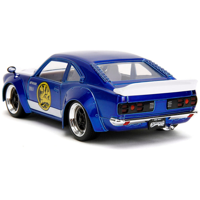 1974 Mazda RX-3 Candy Blue with White Interior and Graphics and Blue Ranger Diecast Figure "Power Rangers" "Hollywood Rides" Series 1/24 Diecast Model Car by Jada-Jada-ModelCars.com
