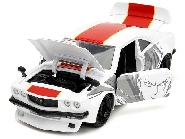 1974 Mazda RX-3 White with Red Stripe and Graphics and Saitama Diecast Figure "One Punch Man" (2015-2019) TV Series 1/24 Diecast Model Car by Jada-Jada-ModelCars.com
