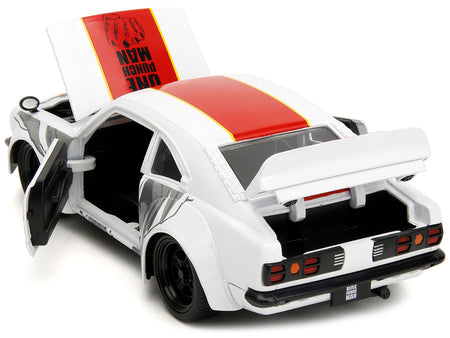 1974 Mazda RX-3 White with Red Stripe and Graphics and Saitama Diecast Figure "One Punch Man" (2015-2019) TV Series 1/24 Diecast Model Car by Jada-Jada-ModelCars.com
