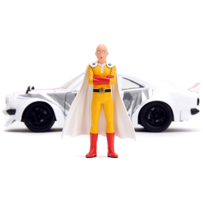 1974 Mazda RX-3 White with Red Stripe and Graphics and Saitama Diecast Figure "One Punch Man" (2015-2019) TV Series 1/24 Diecast Model Car by Jada-Jada-ModelCars.com