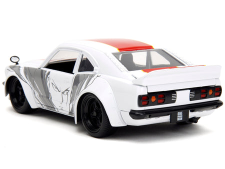 1974 Mazda RX-3 White with Red Stripe and Graphics and Saitama Diecast Figure "One Punch Man" (2015-2019) TV Series 1/24 Diecast Model Car by Jada-Jada-ModelCars.com
